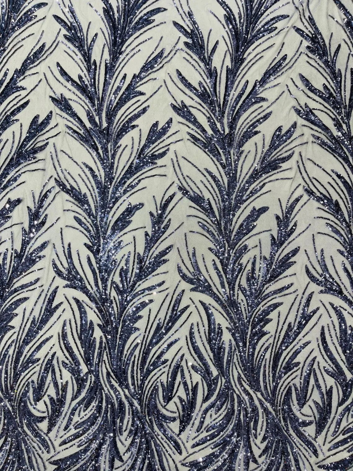 Leaf Design Stretch Sequins - Navy Blue - 4 Way Stretch Lace Mesh Sequins Fabric by Yard