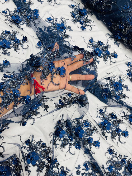 3D Flower Sequins Design - Navy Blue - Embroidered Pearl Sequins Floral Clusters Lace Fabric By Yard