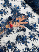 3D Flower Sequins Design - Navy Blue - Embroidered Pearl Sequins Floral Clusters Lace Fabric By Yard