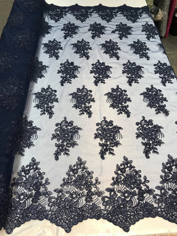 Flower Lace Fabric - Floral Clusters Embroidered Lace Mesh Fabric - 25 Yard Roll