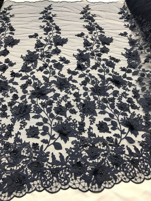 3D Pearl Floral Fabric - Floral Design Embroidered on Mesh Lace Fabric - 25 Yard Roll