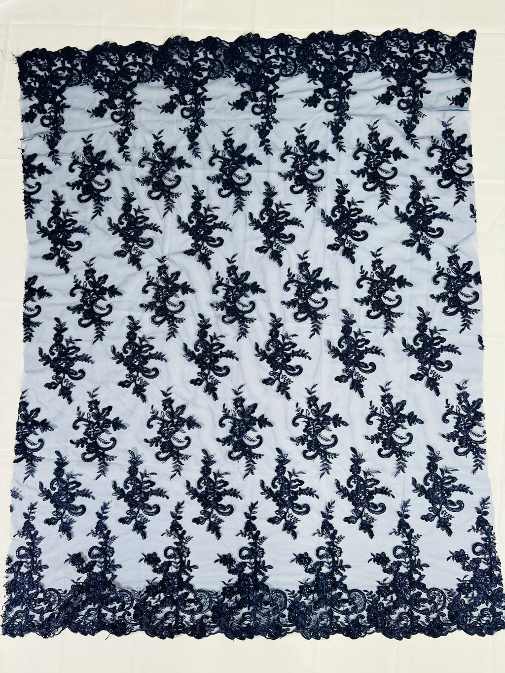 Lace Flower Cluster Fabric - Navy Blue - Embroidered Flower With Sequins on a Mesh Lace Fabric By Yard