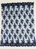 Lace Flower Cluster Fabric - Navy Blue - Embroidered Flower With Sequins on a Mesh Lace Fabric By Yard