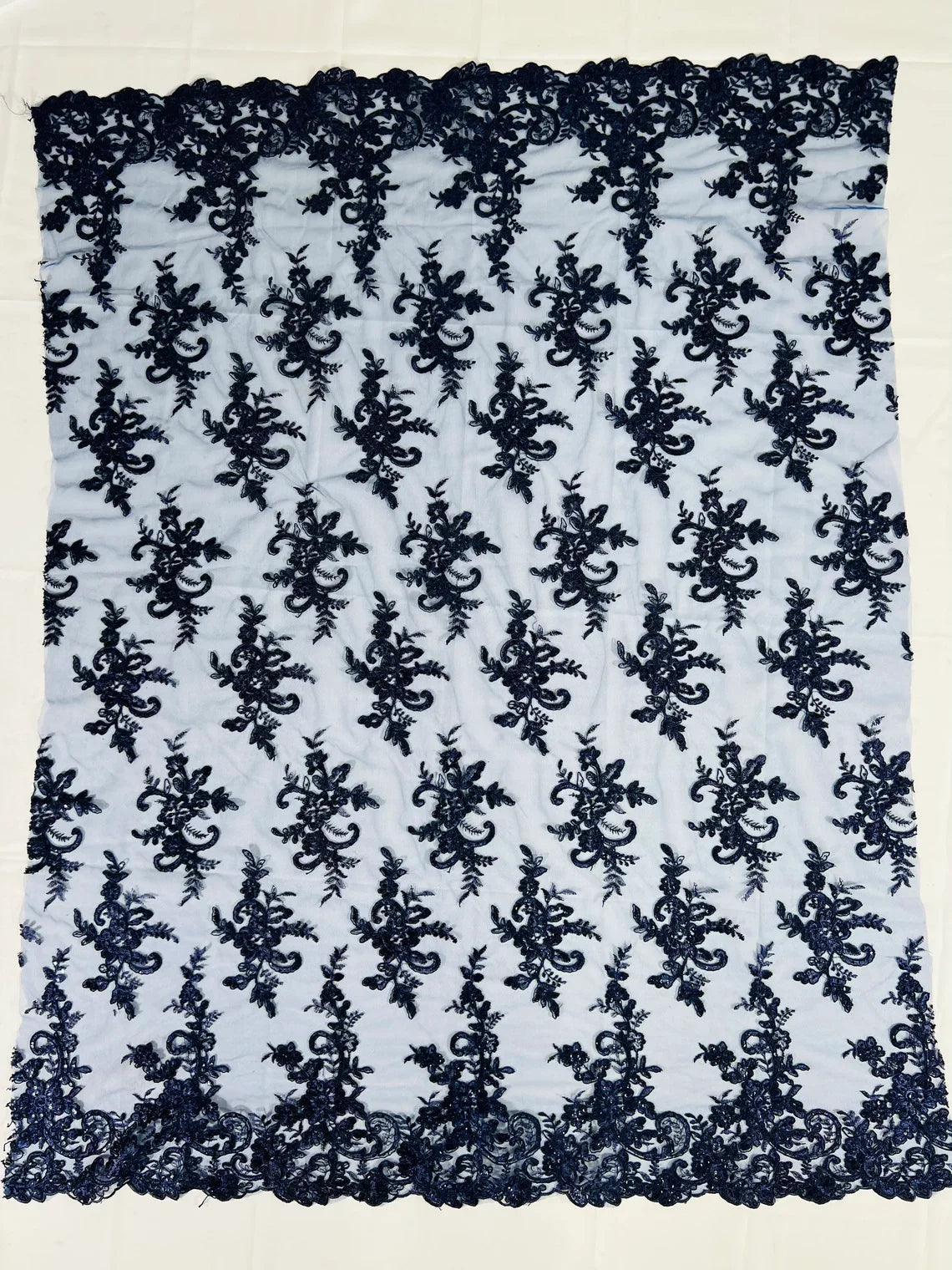 Lace Flower Cluster Fabric - Navy Blue - Embroidered Flower With Sequins on a Mesh Lace Fabric By Yard