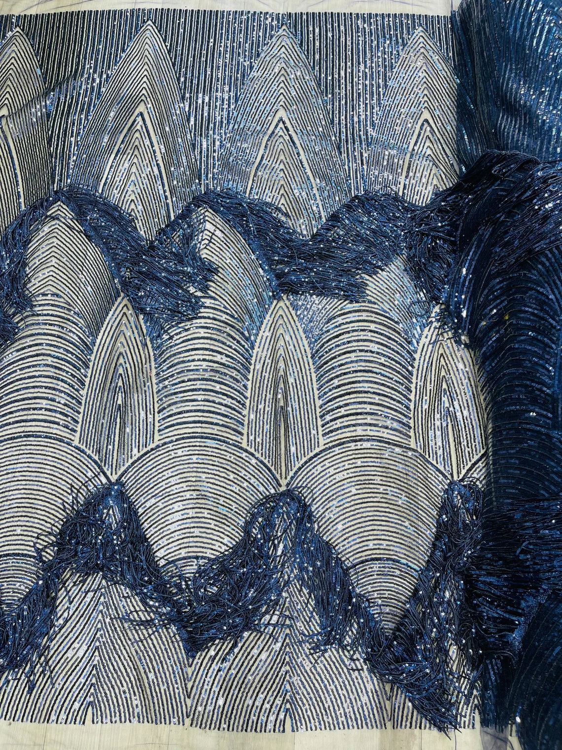 Fringe Sequins Fabric - Navy Blue - 2 Way Stretch Glamorous Fringe Design on Mesh By Yard