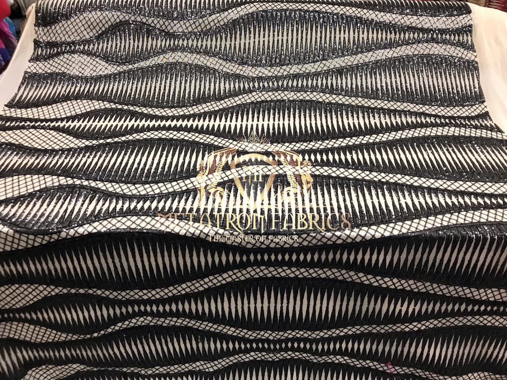 4 Way Stretch - Black - Horizontal Line Design Sequins On Stretch Mesh By The Yard