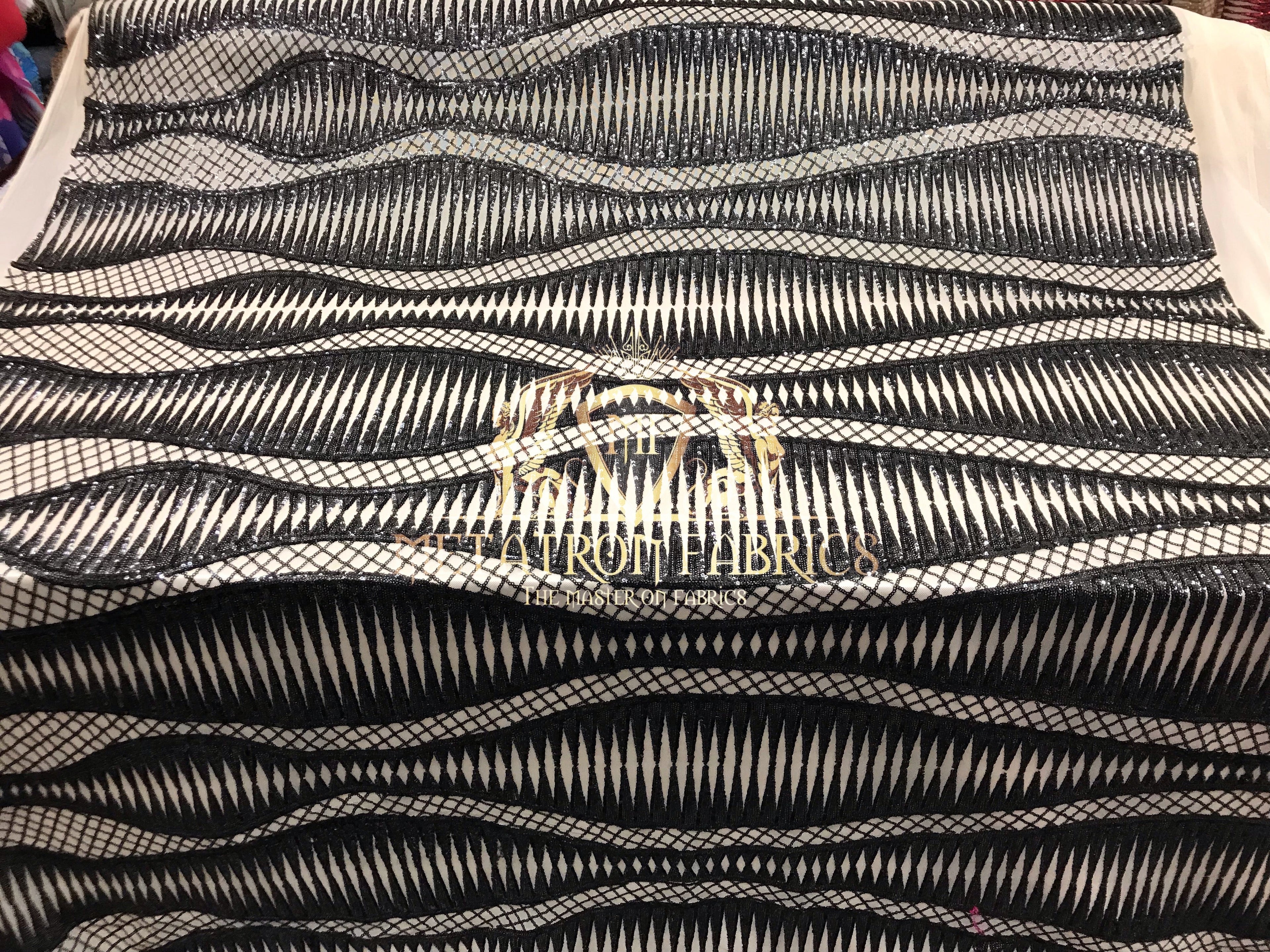4 Way Stretch - Black - Horizontal Line Design Sequins On Stretch Mesh By The Yard