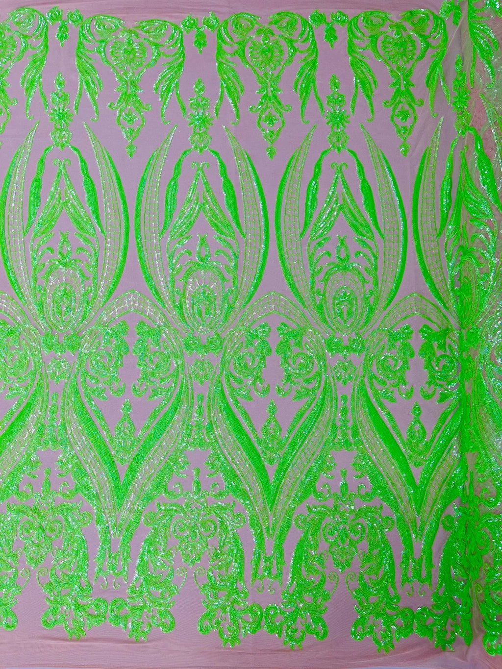 Big Damask Sequins Fabric - Neon Green - 4 Way Stretch Damask Sequins Design Fabric By Yard