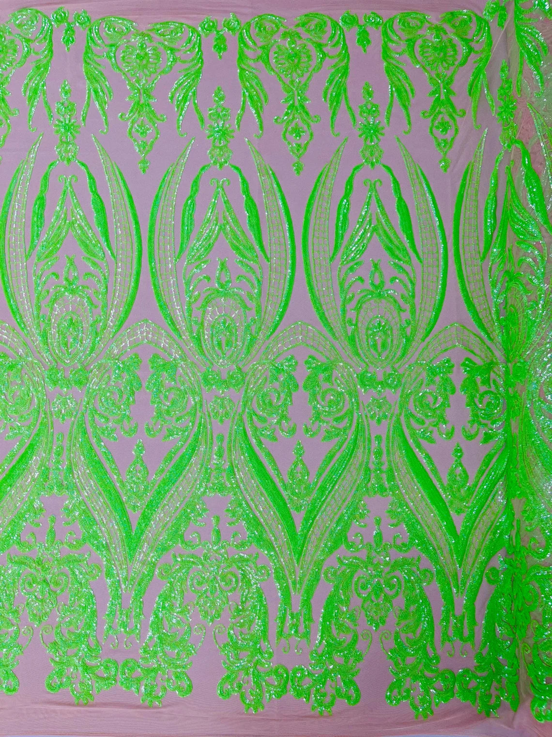 Big Damask Sequins Fabric - Neon Green - 4 Way Stretch Damask Sequins Design Fabric By Yard