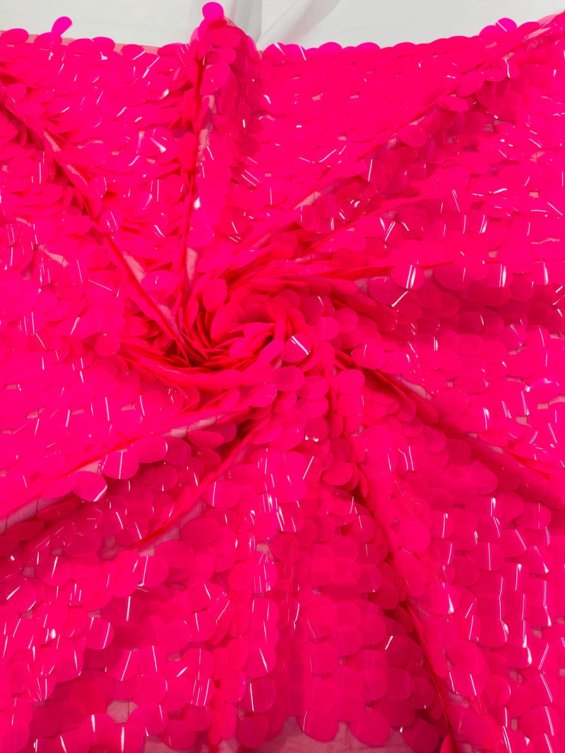 Jumbo Oval Sequins - Neon Hot Pink - Paillette Big Oval Sequins Design Fabric By Yard