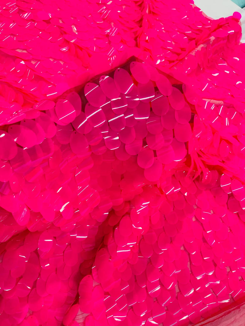 Jumbo Oval Sequins - Neon Hot Pink - Paillette Big Oval Sequins Design Fabric By Yard