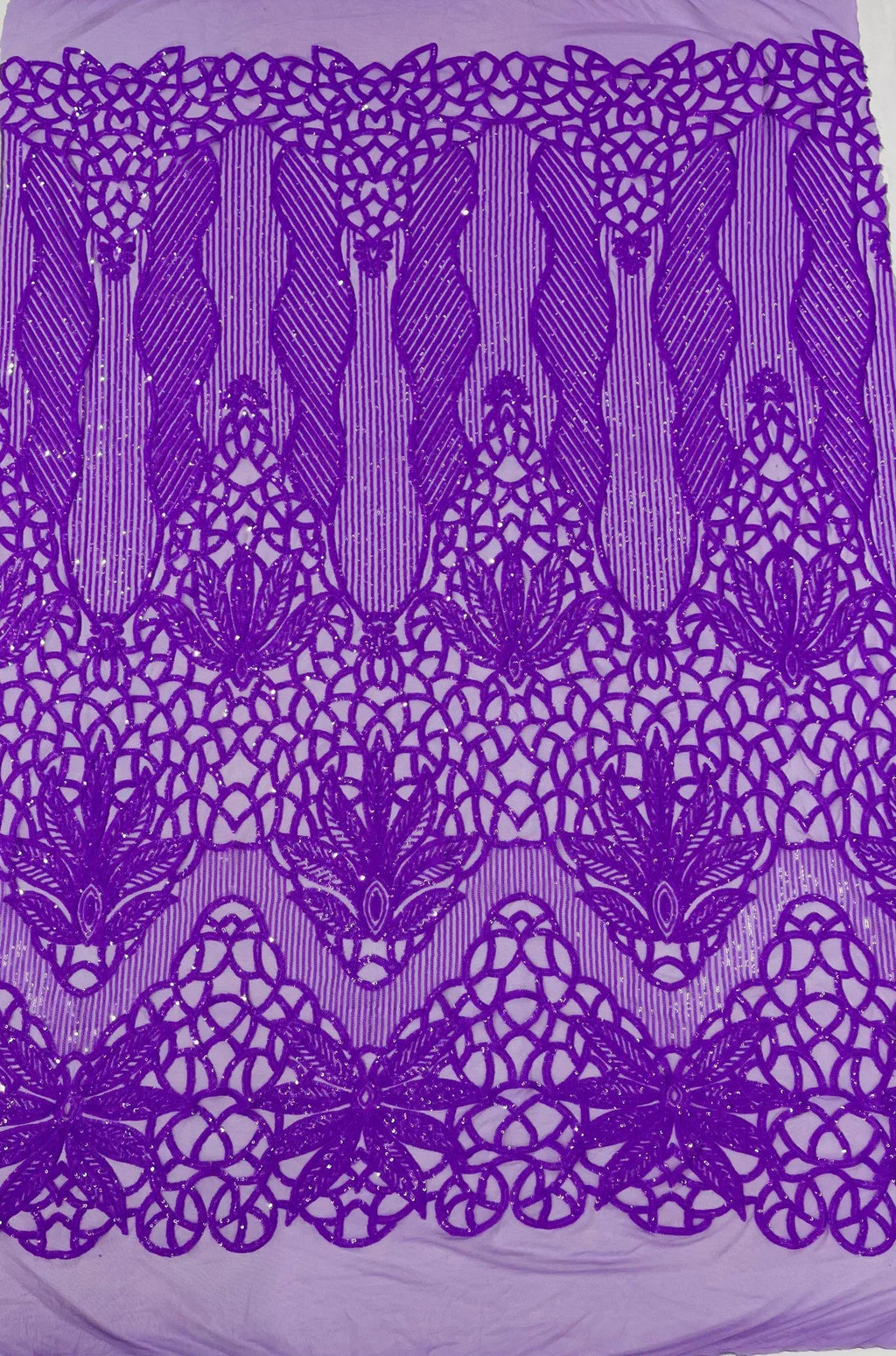 Elegant Floral Leaf Design - Neon Lilac - 4 Way Stretch Sequins Lace Spandex Fabric By Yard