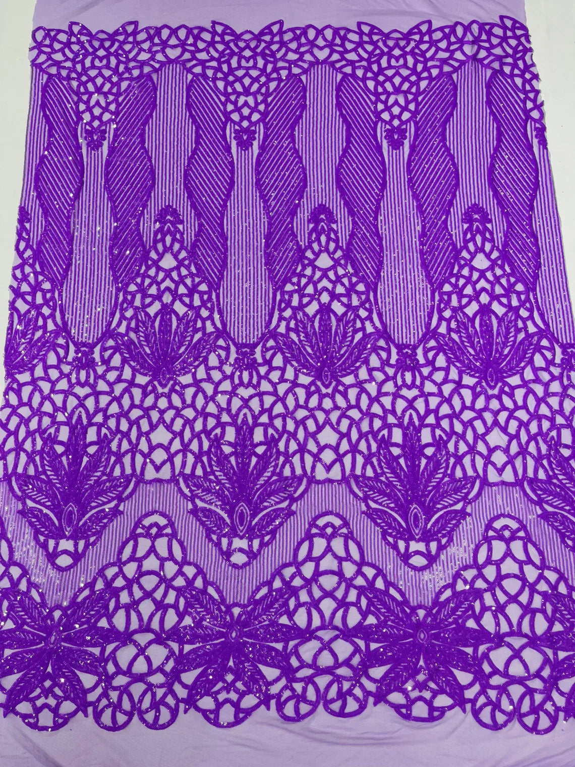 Elegant Floral Leaf Design - Neon Lilac - 4 Way Stretch Sequins Lace Spandex Fabric By Yard