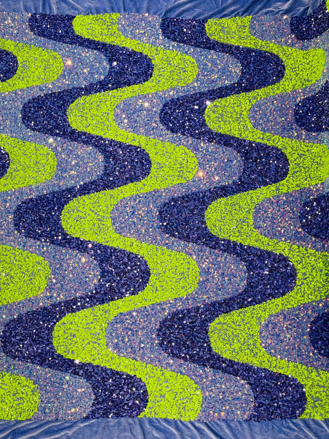 Wavy Line Velvet Sequins - Neon Lime / Lavender / Clear - Velvet Sequins 2 Way Stretch Fabric 58/60” By Yard