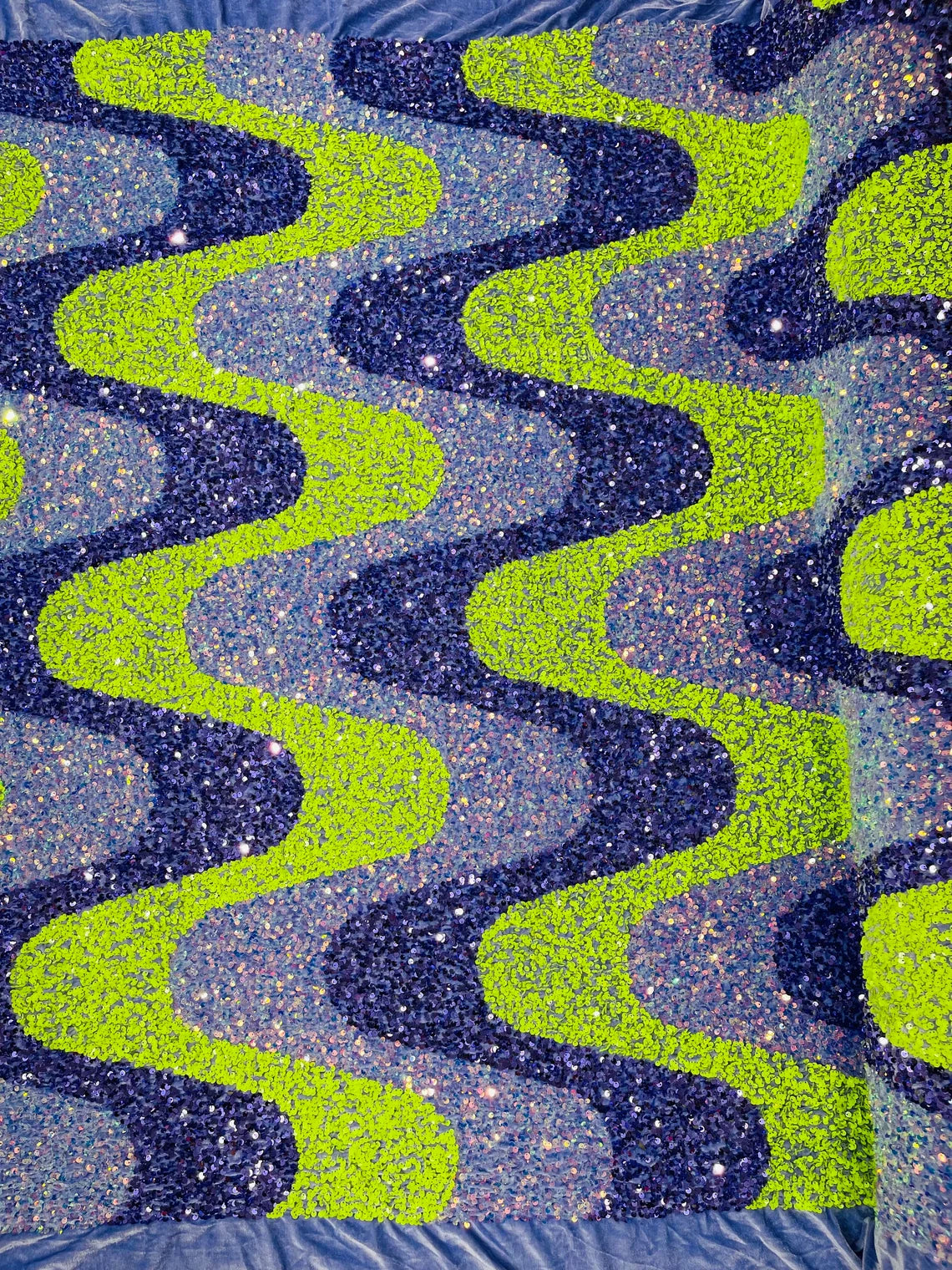 Wavy Line Velvet Sequins - Neon Lime / Lavender / Clear - Velvet Sequins 2 Way Stretch Fabric 58/60” By Yard