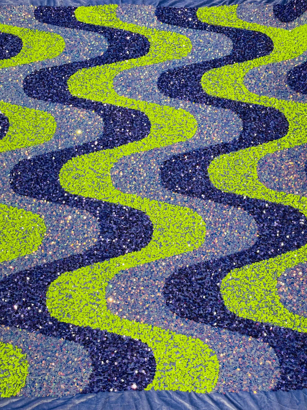 Wavy Line Velvet Sequins - Neon Lime / Lavender / Clear - Velvet Sequins 2 Way Stretch Fabric 58/60” By Yard