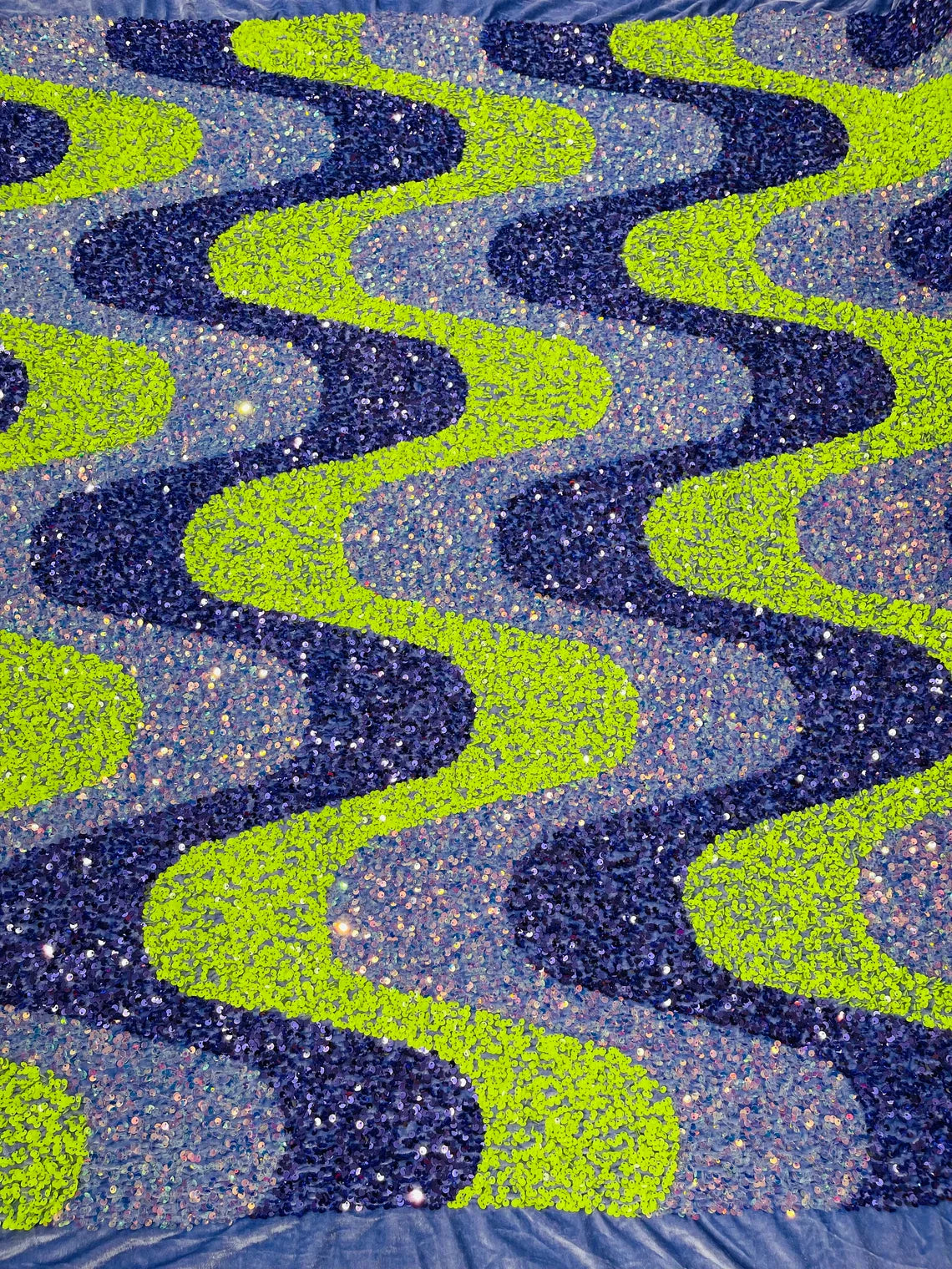 Wavy Line Velvet Sequins - Neon Lime / Lavender / Clear - Velvet Sequins 2 Way Stretch Fabric 58/60” By Yard