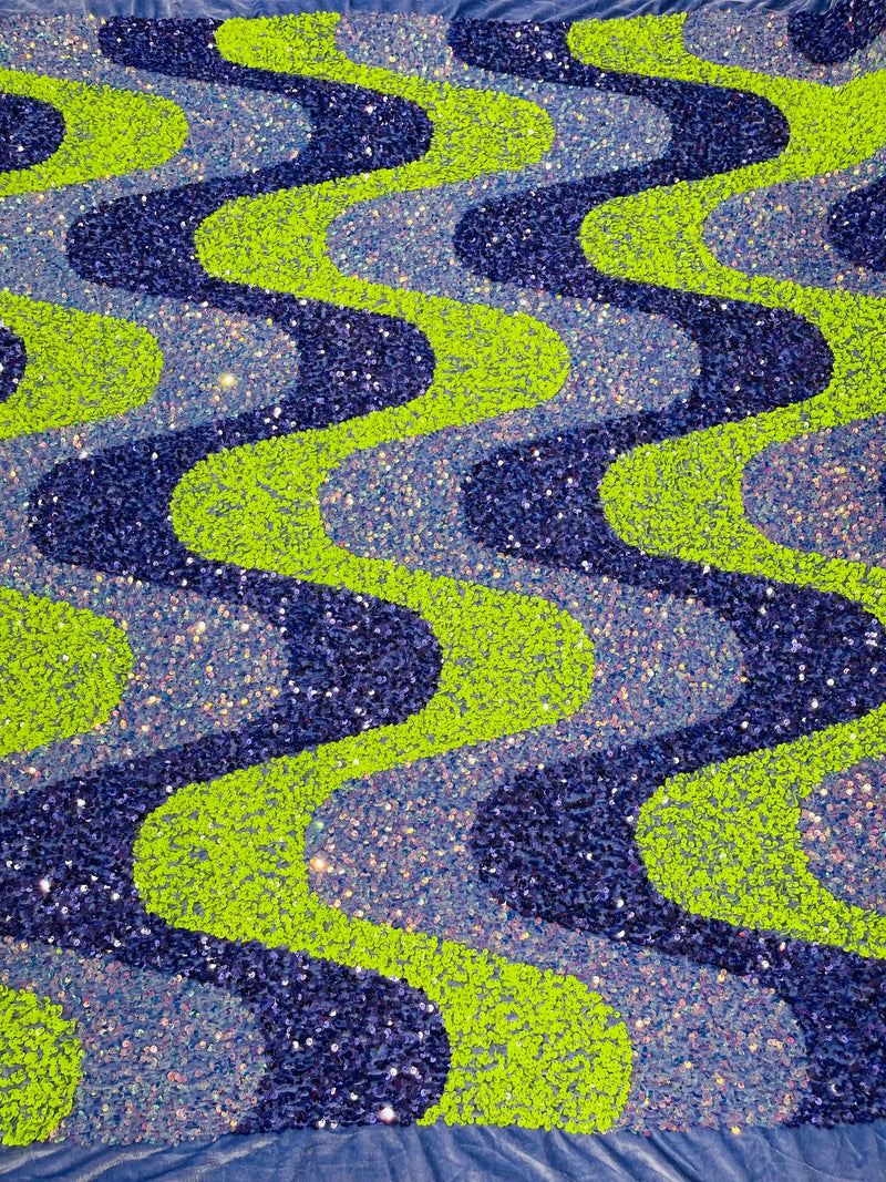 Wavy Line Velvet Sequins - Neon Lime / Lavender / Clear - Velvet Sequins 2 Way Stretch Fabric 58/60” By Yard