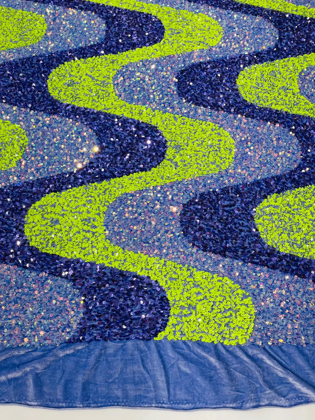 Wavy Line Velvet Sequins - Neon Lime / Lavender / Clear - Velvet Sequins 2 Way Stretch Fabric 58/60” By Yard