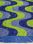 Wavy Line Velvet Sequins - Neon Lime / Lavender / Clear - Velvet Sequins 2 Way Stretch Fabric 58/60” By Yard