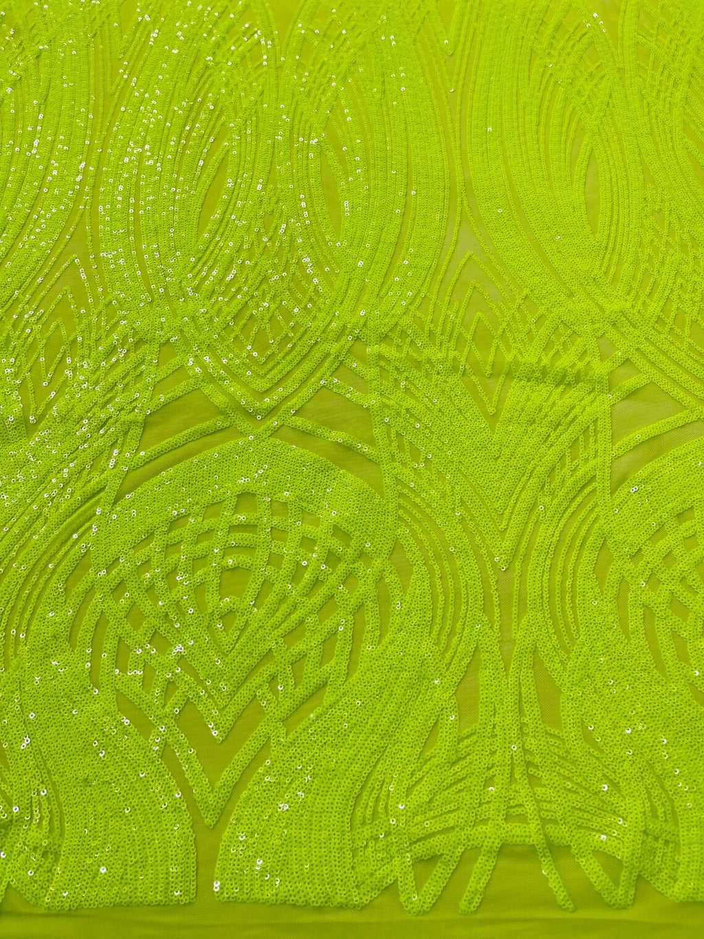 Long Wavy Pattern Sequins - Neon Lime Green - 4 Way Stretch Sequins Fabric Line Design By Yard