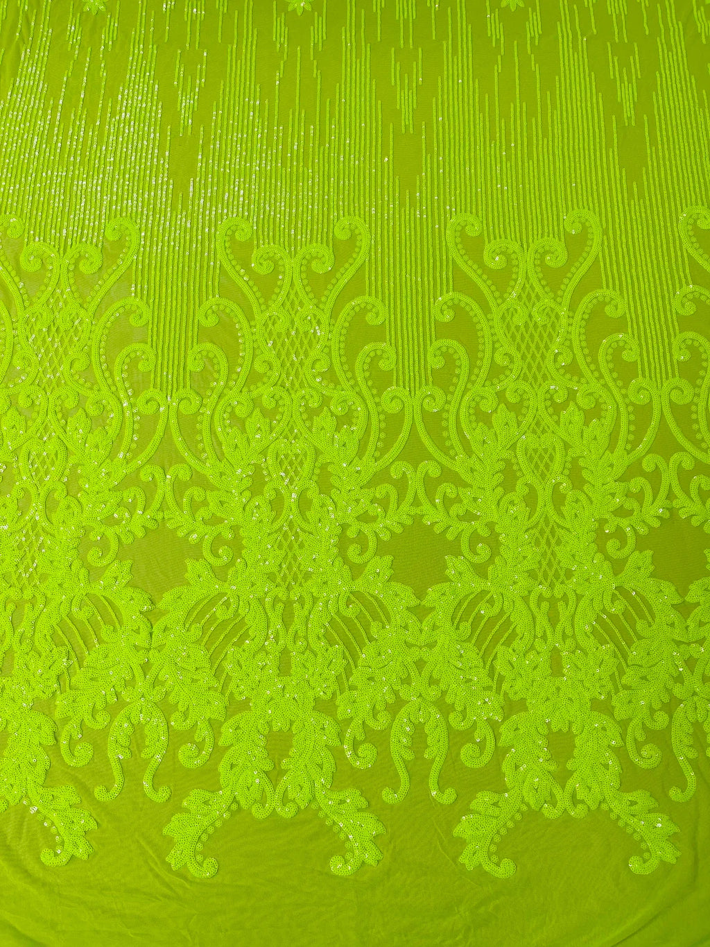 Damask Line Pattern - Neon Lime Green - 4 Way Stretch Damask Sequins Line Fabric Sold By Yard
