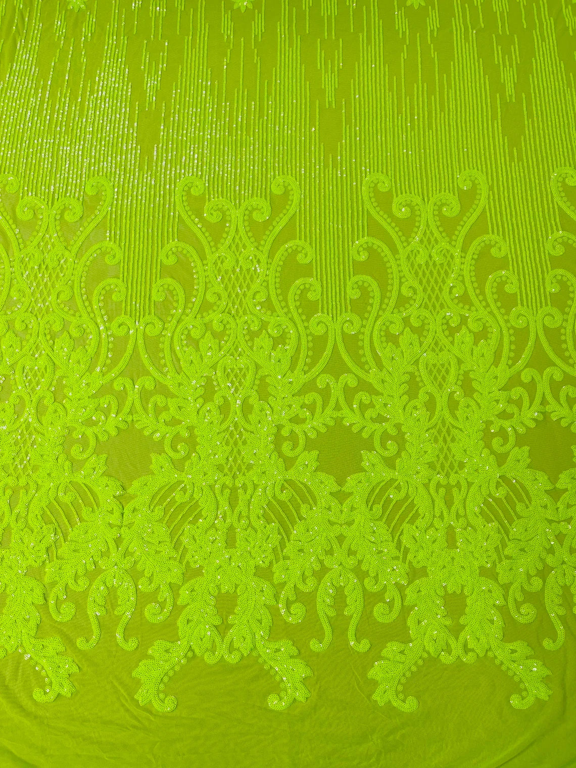 Damask Line Pattern - Neon Lime Green - 4 Way Stretch Damask Sequins Line Fabric Sold By Yard