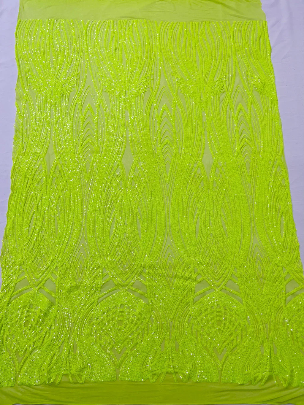 Long Wavy Pattern Sequins - Neon Lime Green - 4 Way Stretch Sequins Fabric Line Design By Yard