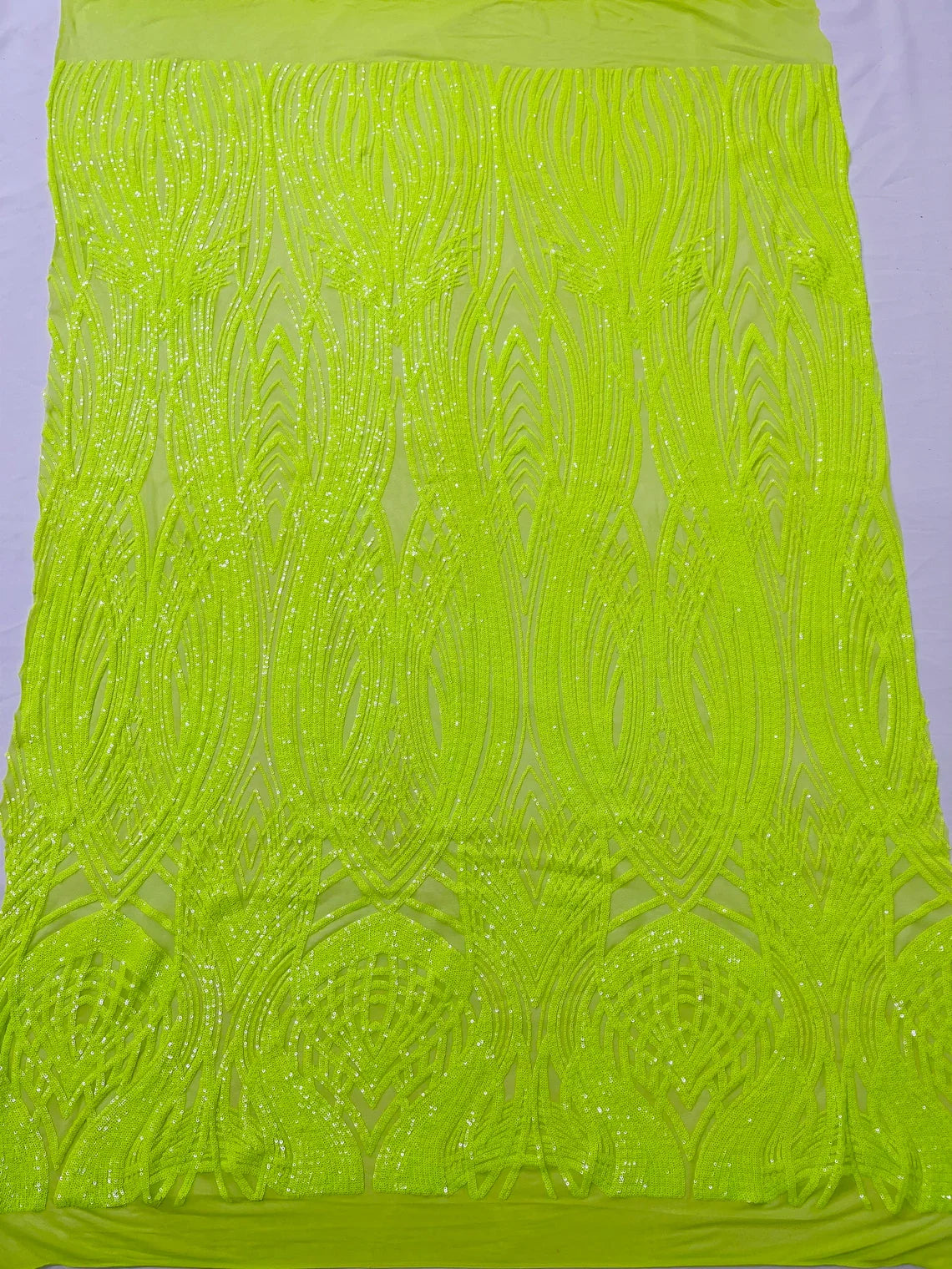 Long Wavy Pattern Sequins - Neon Lime Green - 4 Way Stretch Sequins Fabric Line Design By Yard
