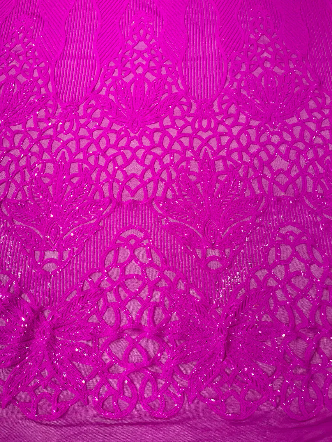 Elegant Floral Leaf Design - Neon Magenta - 4 Way Stretch Sequins Lace Spandex Fabric By Yard