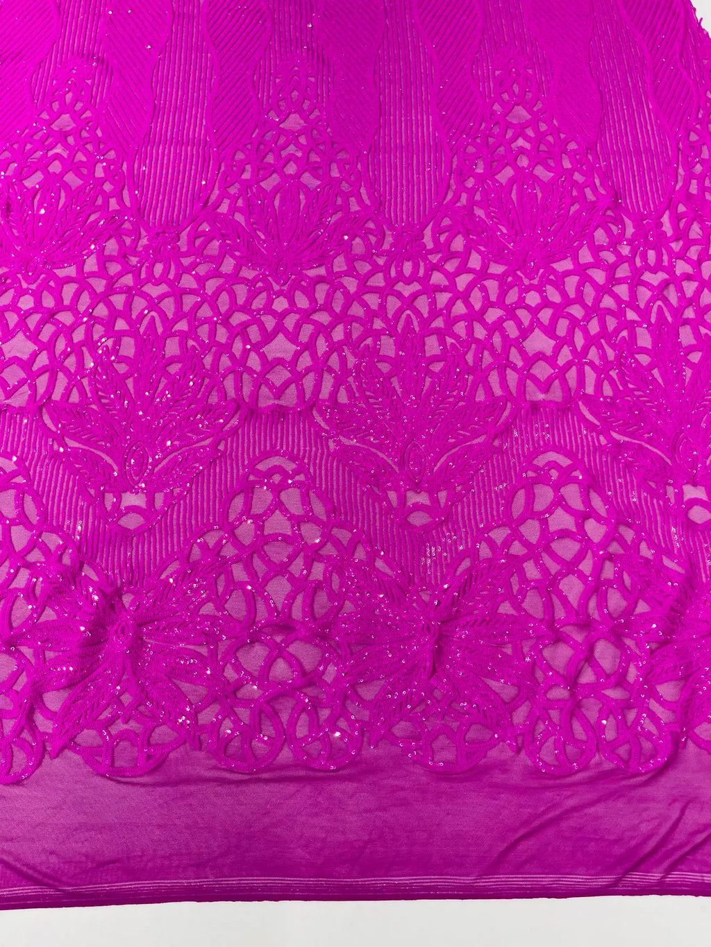 Elegant Floral Leaf Design - Neon Magenta - 4 Way Stretch Sequins Lace Spandex Fabric By Yard