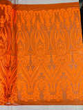 Big Damask Sequins Fabric - Orange - 4 Way Stretch Damask Sequins Design Fabric By Yard