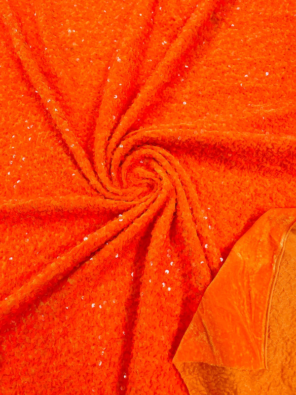Stretch Velvet Sequins Fabric - Neon Orange - Velvet Sequins 2 Way Stretch 58/60” By Yard