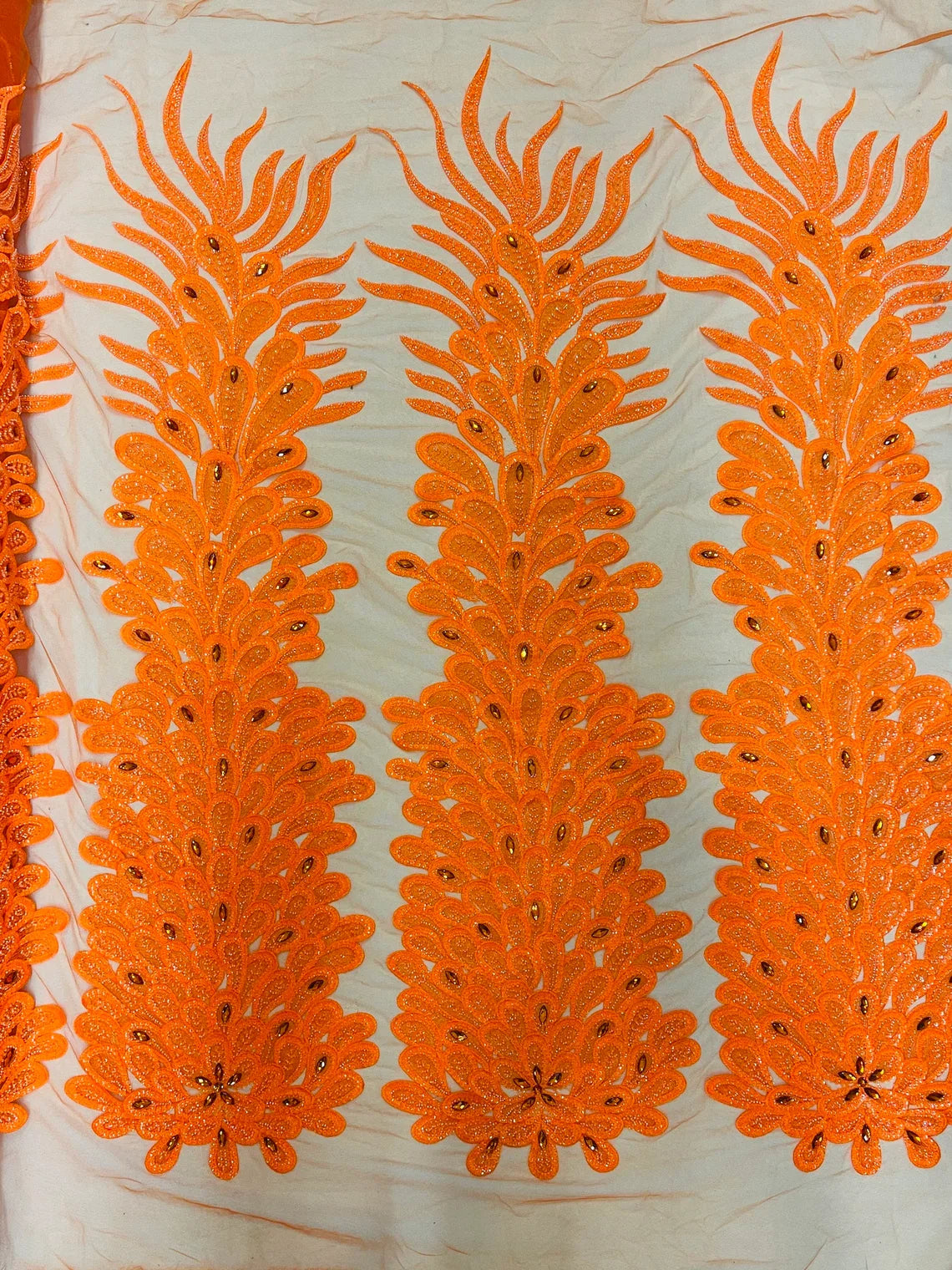 3D Beaded Peacock Feathers - Vegas Design Embroidered Sequins and Beads On a Mesh Lace Fabric - 15 Yard Roll