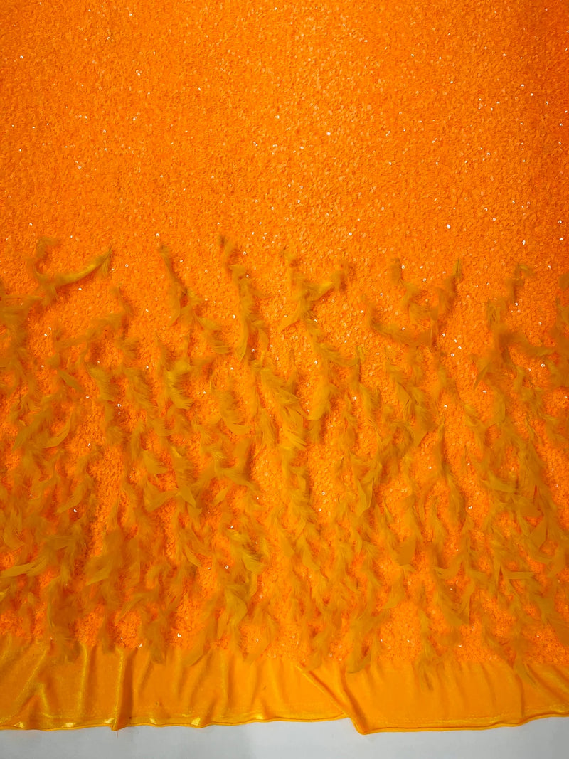 Feather Sequin Velvet Fabric - Neon Orange - 5mm Sequins Velvet 2 Way Stretch 58/60" Fabric By Yard