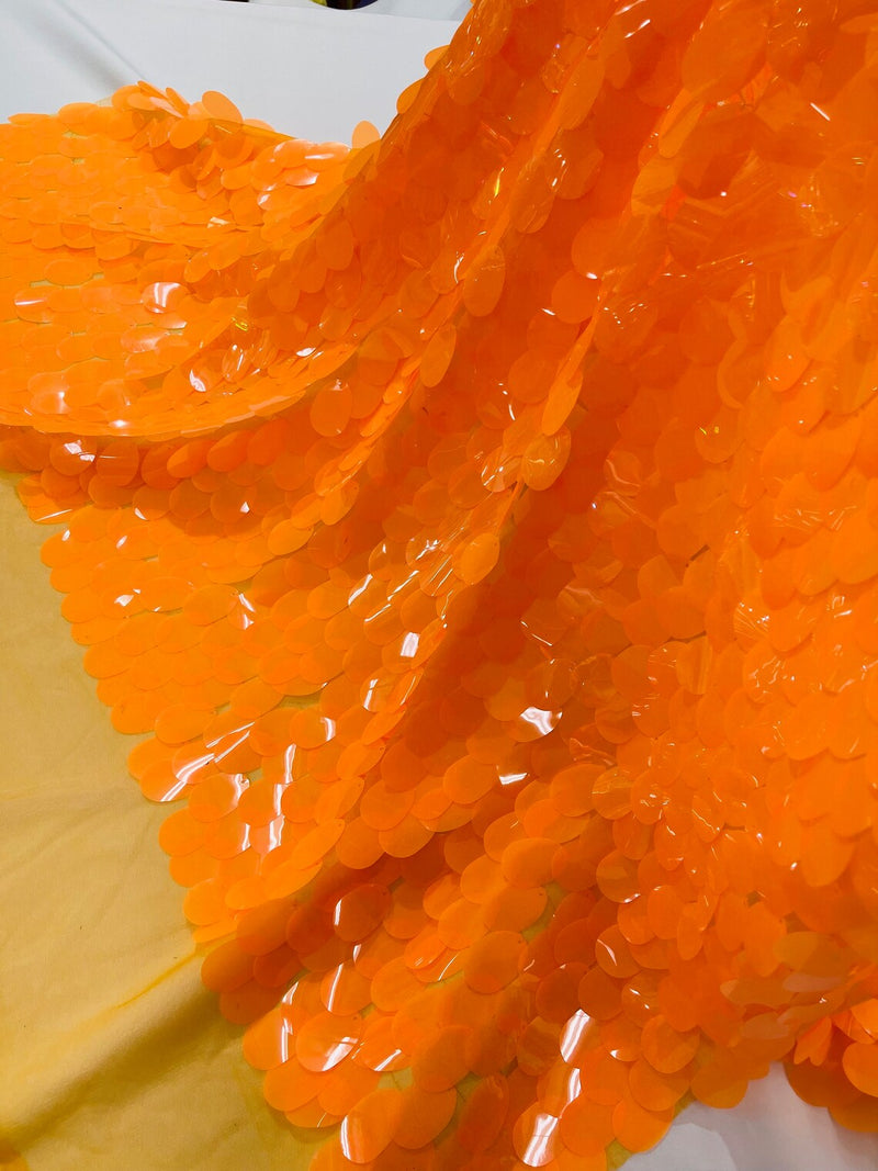 Jumbo Oval Sequins - Neon Orange - Paillette Big Oval Sequins Design Fabric By Yard