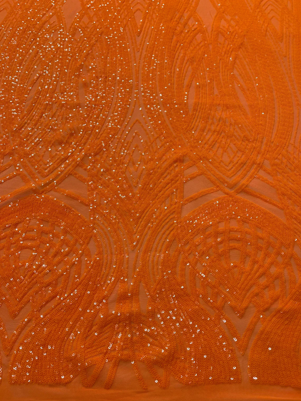 Long Wavy Pattern Sequins - Neon Orange - 4 Way Stretch Sequins Fabric Line Design By Yard