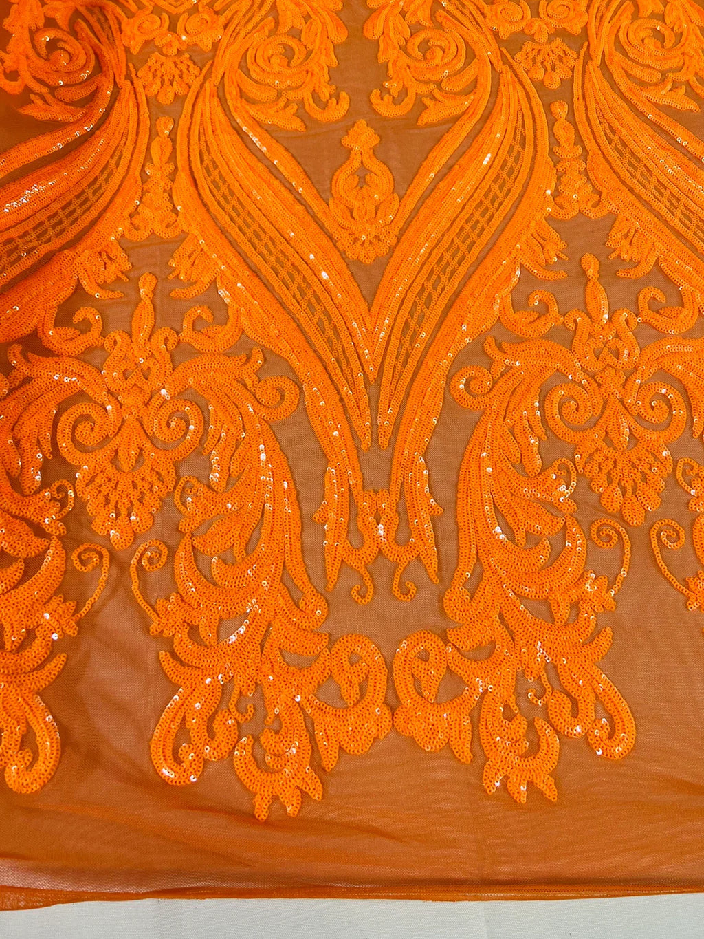 Big Damask Sequins Fabric - Orange - 4 Way Stretch Damask Sequins Design Fabric By Yard