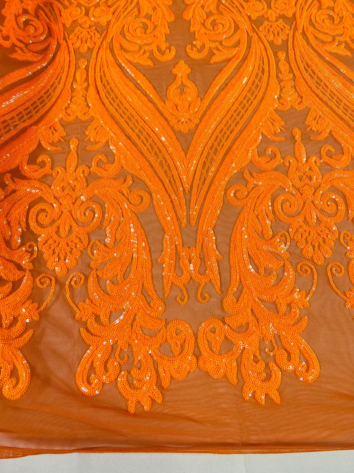 Big Damask Sequins Fabric - Orange - 4 Way Stretch Damask Sequins Design Fabric By Yard