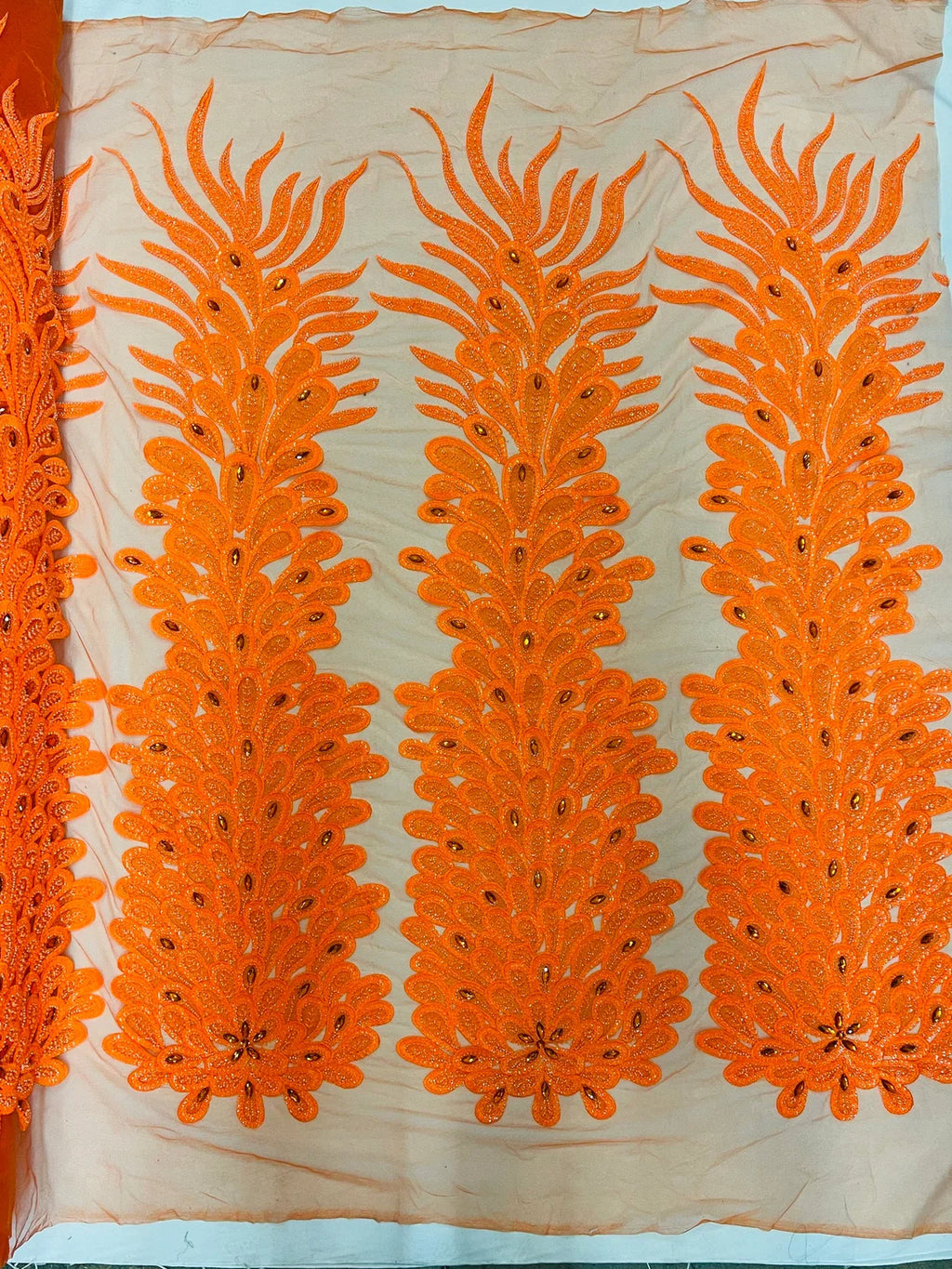3D Beaded Peacock Feathers - Neon Orange - Vegas Design Embroidered Sequins and Beads On a Mesh Lace Fabric (Choose The Panels)