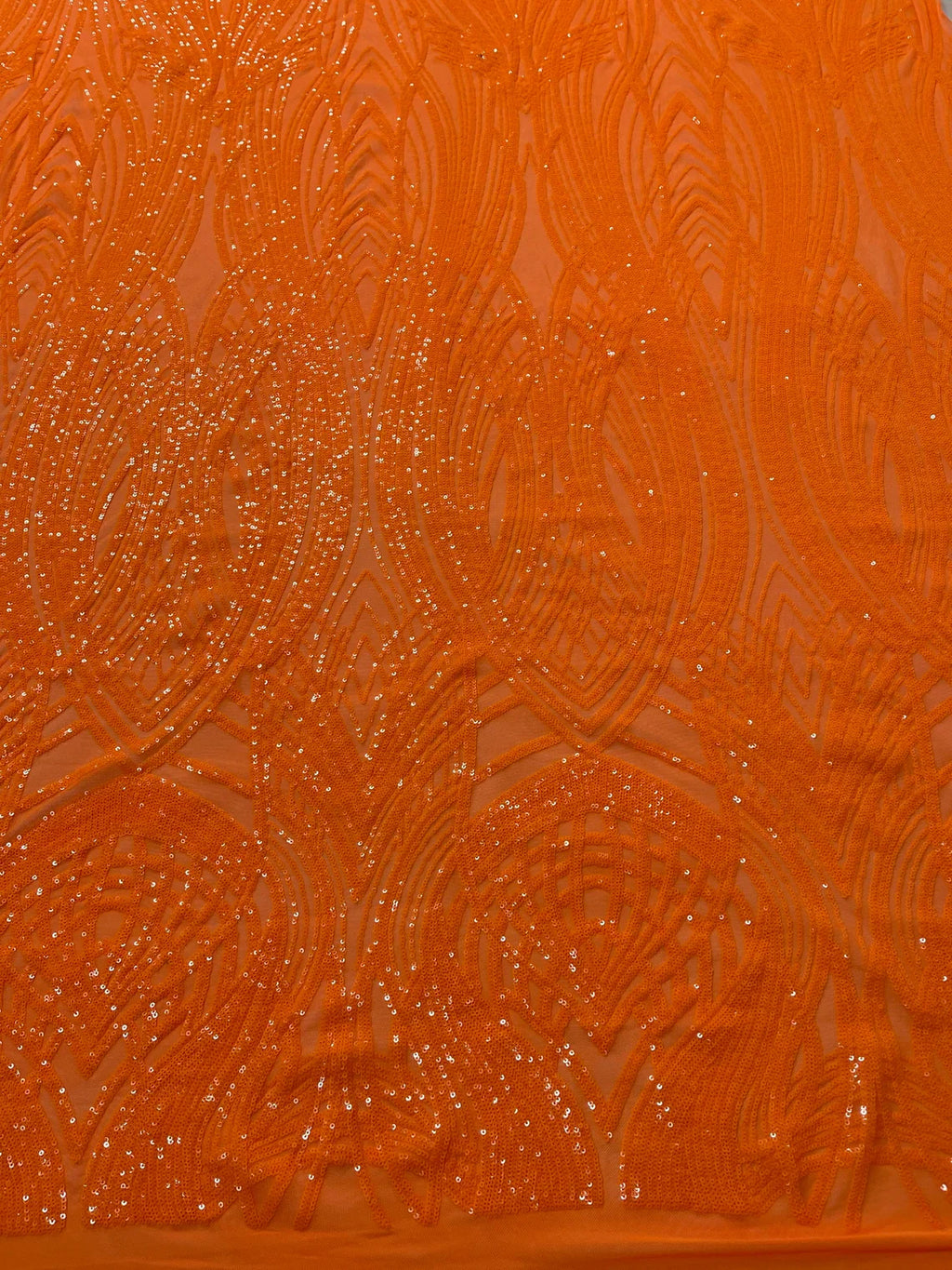 Long Wavy Pattern Sequins - Neon Orange - 4 Way Stretch Sequins Fabric Line Design By Yard