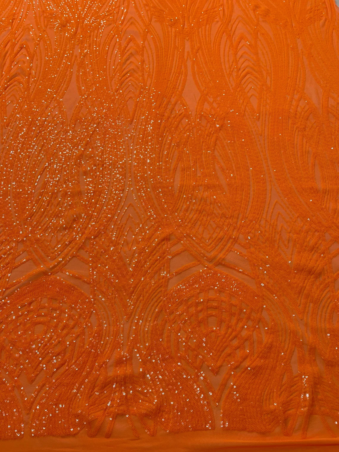 Long Wavy Pattern Sequins - Neon Orange - 4 Way Stretch Sequins Fabric Line Design By Yard