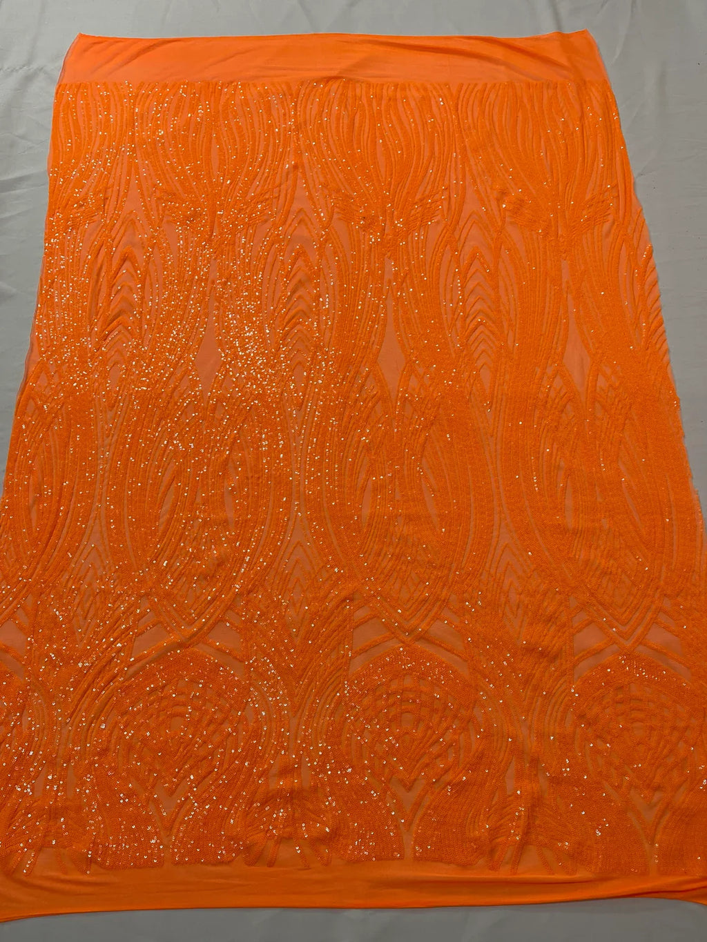 Long Wavy Pattern Sequins - Neon Orange - 4 Way Stretch Sequins Fabric Line Design By Yard