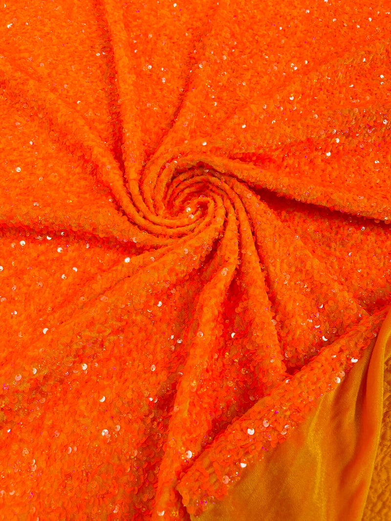Stretch Velvet Sequins Fabric - Neon Orange Hologram - Velvet Sequins 2 Way Stretch 58/60” By Yard