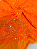 Stretch Velvet Sequins Fabric - Neon Orange Hologram - Velvet Sequins 2 Way Stretch 58/60” By Yard