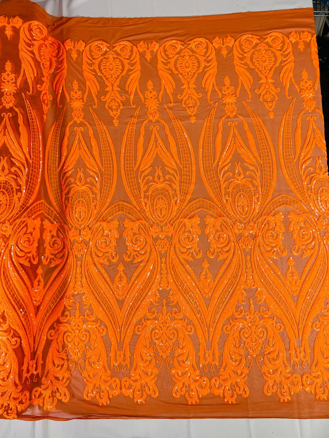 Damask Sequins Fabric - 4 Way Stretch Big Damask Sequins Fabric - Pick Color - 25 Yard Roll