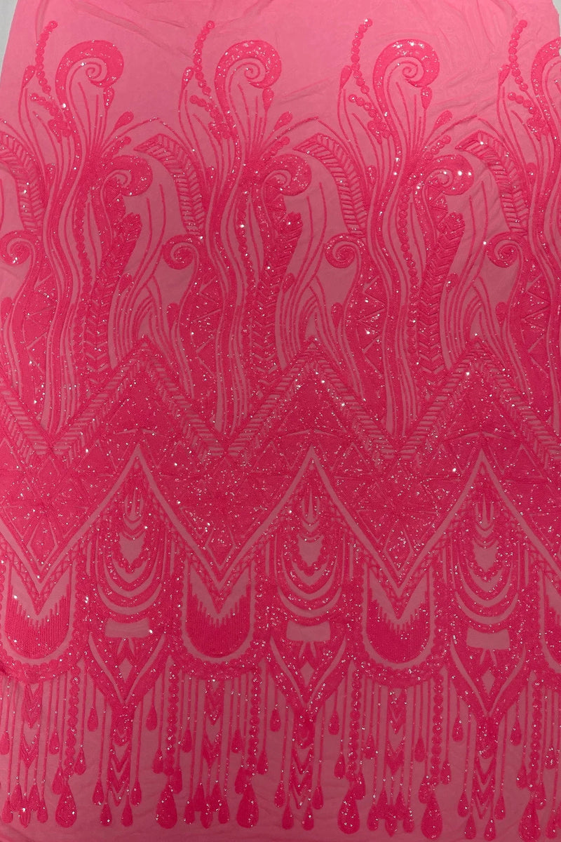 Zig Zag Design Sequins - Neon Pink - 4 Way Stretch Embroidered Zig Zag Sequins Lace Fabric By The Yard