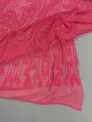 Zig Zag Design Sequins - Neon Pink - 4 Way Stretch Embroidered Zig Zag Sequins Lace Fabric By The Yard