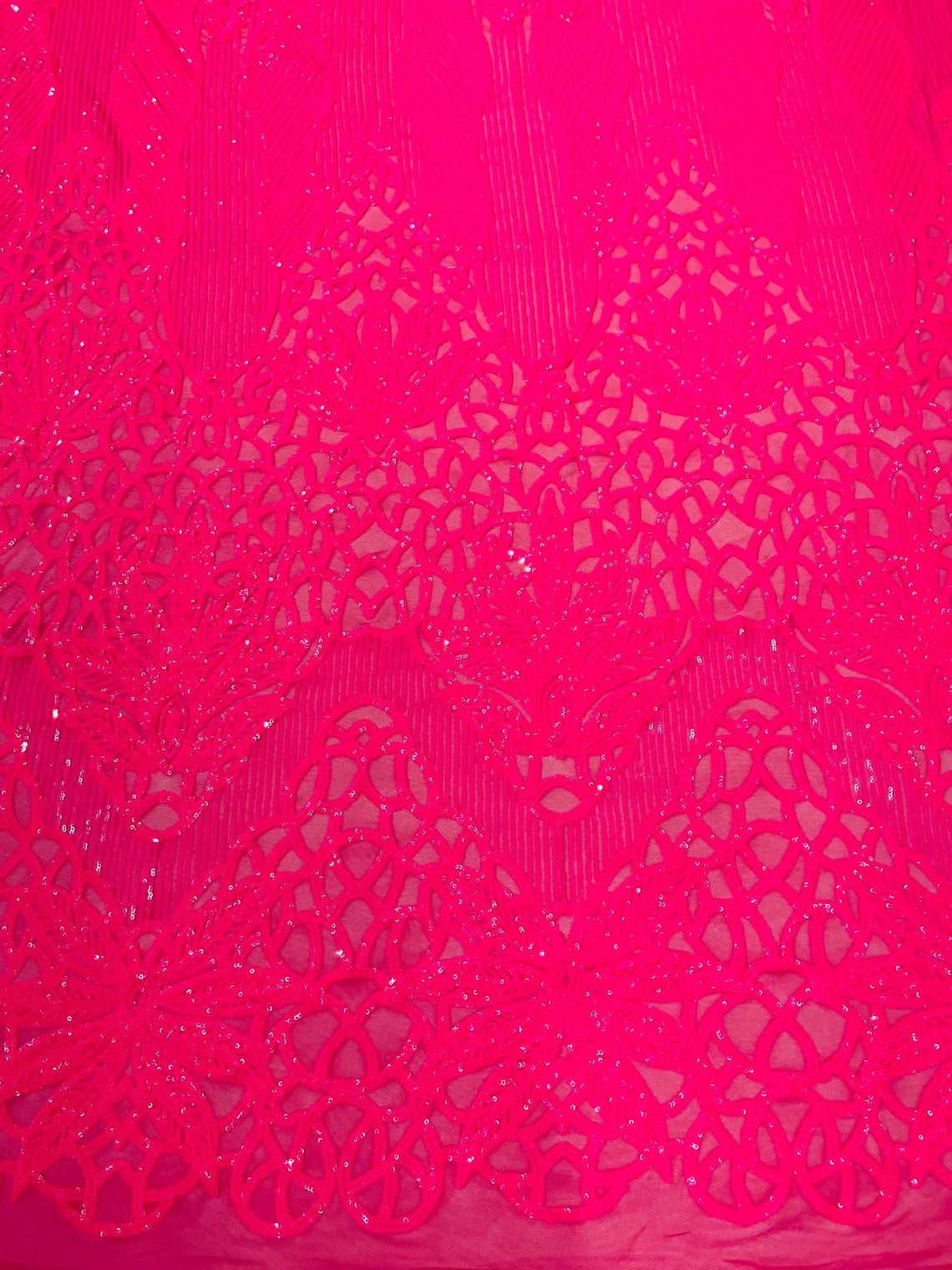 Elegant Floral Leaf Design - Neon Pink - 4 Way Stretch Sequins Lace Spandex Fabric By Yard