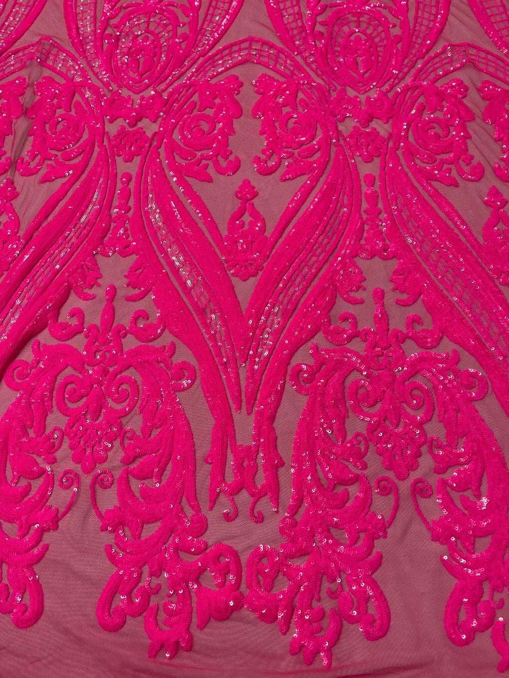 Big Damask Sequins Fabric - Neon Pink - 4 Way Stretch Damask Sequins Design Fabric By Yard